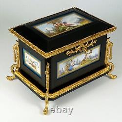 Antique French Wood Jewelry Box Hand Painted Porcelain Plaques Gilt Bronze