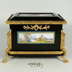 Antique French Wood Jewelry Box Hand Painted Porcelain Plaques Gilt Bronze