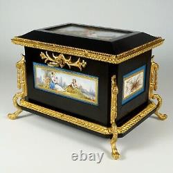 Antique French Wood Jewelry Box Hand Painted Porcelain Plaques Gilt Bronze