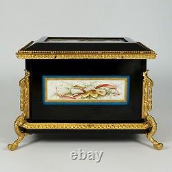 Antique French Wood Jewelry Box Hand Painted Porcelain Plaques Gilt Bronze