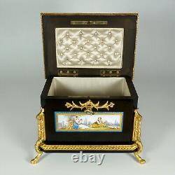 Antique French Wood Jewelry Box Hand Painted Porcelain Plaques Gilt Bronze