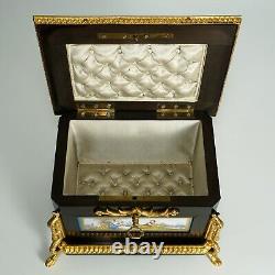 Antique French Wood Jewelry Box Hand Painted Porcelain Plaques Gilt Bronze