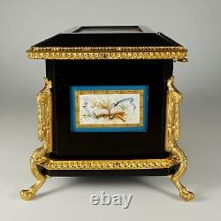 Antique French Wood Jewelry Box Hand Painted Porcelain Plaques Gilt Bronze