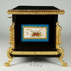 Antique French Wood Jewelry Box Hand Painted Porcelain Plaques Gilt Bronze