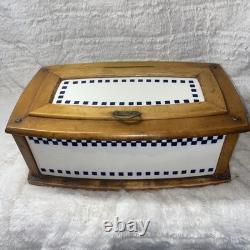 Antique German Ceramic Storage Box Blue Cube Jugendstil Wood Brass c1900