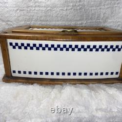 Antique German Ceramic Storage Box Blue Cube Jugendstil Wood Brass c1900