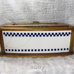 Antique German Ceramic Storage Box Blue Cube Jugendstil Wood Brass c1900