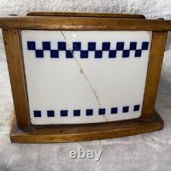 Antique German Ceramic Storage Box Blue Cube Jugendstil Wood Brass c1900