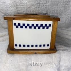 Antique German Ceramic Storage Box Blue Cube Jugendstil Wood Brass c1900