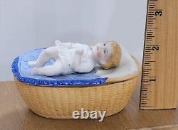 Antique German Trinket Box Bisque Baby Laying Basket Wicker Design