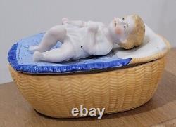 Antique German Trinket Box Bisque Baby Laying Basket Wicker Design