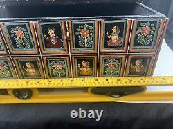 Antique Indian Mughal Polychrome Wood Panel Wedding Box Chest 15