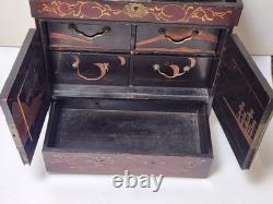 Antique Japanese Meiji Lacquered Jewelry Box Chest Of Drawers Table Cabinet