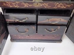 Antique Japanese Meiji Lacquered Jewelry Box Chest Of Drawers Table Cabinet