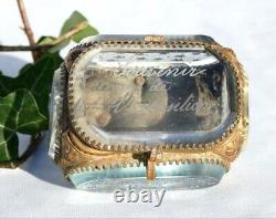 Antique Jewelry Box Enamel Brass Flower Case Lid Glass Woman Decor Rare Old 19th