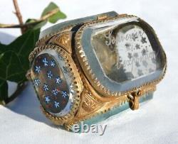 Antique Jewelry Box Enamel Brass Flower Case Lid Glass Woman Decor Rare Old 19th