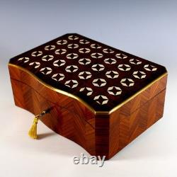Antique Napoleon III Inlaid Wood Box Curved Front Unique Star Inlays, Key