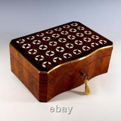 Antique Napoleon III Inlaid Wood Box Curved Front Unique Star Inlays, Key