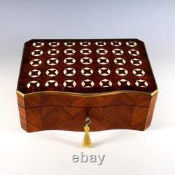 Antique Napoleon III Inlaid Wood Box Curved Front Unique Star Inlays, Key