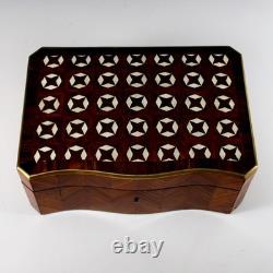 Antique Napoleon III Inlaid Wood Box Curved Front Unique Star Inlays, Key