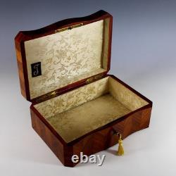 Antique Napoleon III Inlaid Wood Box Curved Front Unique Star Inlays, Key
