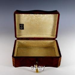 Antique Napoleon III Inlaid Wood Box Curved Front Unique Star Inlays, Key