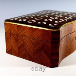 Antique Napoleon III Inlaid Wood Box Curved Front Unique Star Inlays, Key