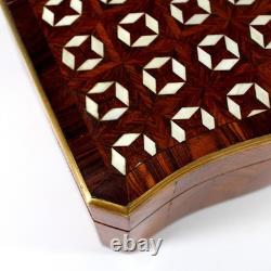Antique Napoleon III Inlaid Wood Box Curved Front Unique Star Inlays, Key