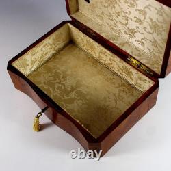 Antique Napoleon III Inlaid Wood Box Curved Front Unique Star Inlays, Key
