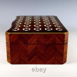 Antique Napoleon III Inlaid Wood Box Curved Front Unique Star Inlays, Key