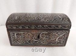 Antique Oriental Silver Brass Ottoman Inlaid wood Jewelry box trinket Hand made