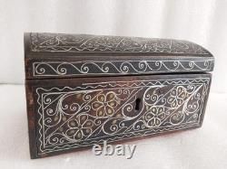 Antique Oriental Silver Brass Ottoman Inlaid wood Jewelry box trinket Hand made