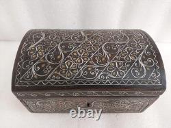 Antique Oriental Silver Brass Ottoman Inlaid wood Jewelry box trinket Hand made