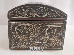 Antique Oriental Silver Brass Ottoman Inlaid wood Jewelry box trinket Hand made