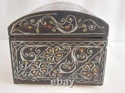 Antique Oriental Silver Brass Ottoman Inlaid wood Jewelry box trinket Hand made