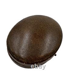 Antique Oval Jewelry Box Brown Leather Button Closure Velvet Lng Great Condition