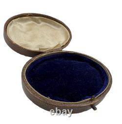 Antique Oval Jewelry Box Brown Leather Button Closure Velvet Lng Great Condition