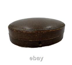 Antique Oval Jewelry Box Brown Leather Button Closure Velvet Lng Great Condition