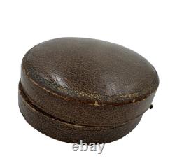 Antique Oval Jewelry Box Brown Leather Button Closure Velvet Lng Great Condition