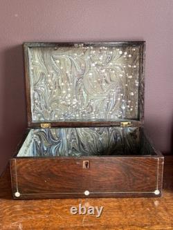 Antique Rosewood Wood Box with mother of pearl inlay and marbled paper