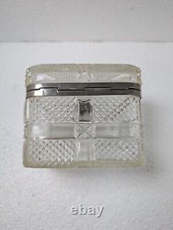 Antique Russian Imperial Clear Glass Tea or Sugar or Jewelry Box, Crack in lid