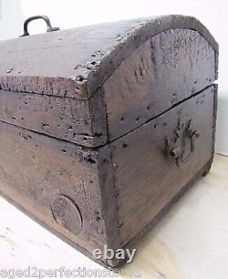 Antique Small Dome Top Trunk Treasure Chest Wooden Document Box old worn patina