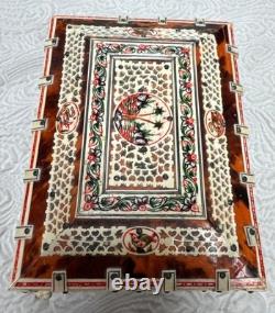 Antique Tortoiseshell Anglo-indian Vizagapatam Trinket Blue Velvet Mirror Box