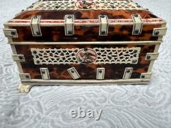 Antique Tortoiseshell Anglo-indian Vizagapatam Trinket Blue Velvet Mirror Box