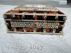 Antique Tortoiseshell Anglo-indian Vizagapatam Trinket Blue Velvet Mirror Box