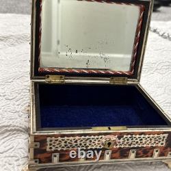 Antique Tortoiseshell Anglo-indian Vizagapatam Trinket Blue Velvet Mirror Box