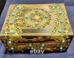 Antique Victorian Coromandel Wood Jewelry Box w Turquoise Blue Glass Jewels