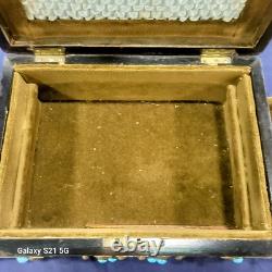 Antique Victorian Coromandel Wood Jewelry Box w Turquoise Blue Glass Jewels
