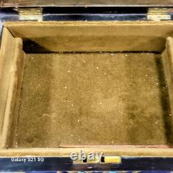Antique Victorian Coromandel Wood Jewelry Box w Turquoise Blue Glass Jewels