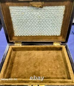 Antique Victorian Coromandel Wood Jewelry Box w Turquoise Blue Glass Jewels